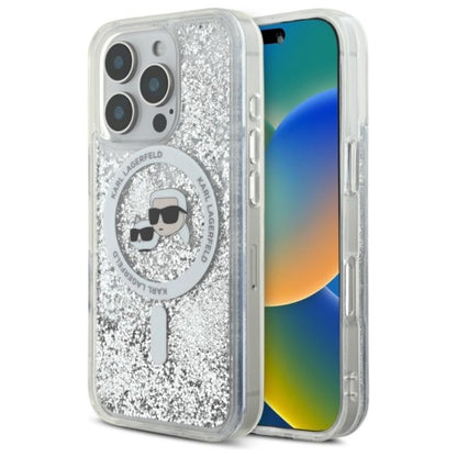 Karl Lagerfeld Liquid Glitter dėklas su Karl & Choupette galvutės motyvu ir MagSafe, iPhone 16 Pro Max (skaidrus)