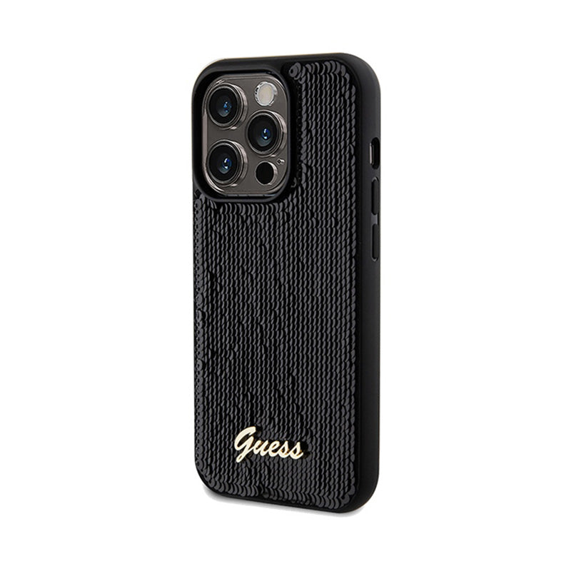 Guess Sequin Script Metal - „iPhone 14 Pro Max“ dėklas (juodas)