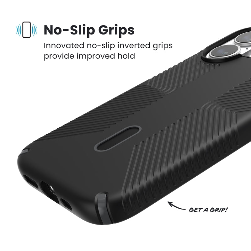 Speck Presidio2 Grip ClickLock ir MagSafe – iPhone 17 dėklas (juoda / alyvuogių pilka / balta)