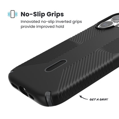 Speck Presidio2 Grip ClickLock ir MagSafe – iPhone 17 dėklas (juoda / alyvuogių pilka / balta)