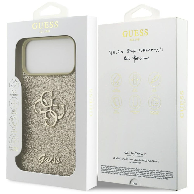 Guess Fixed Glitter Big 4G - Dėklas, skirtas iPhone 17 Pro Max (auksinės)