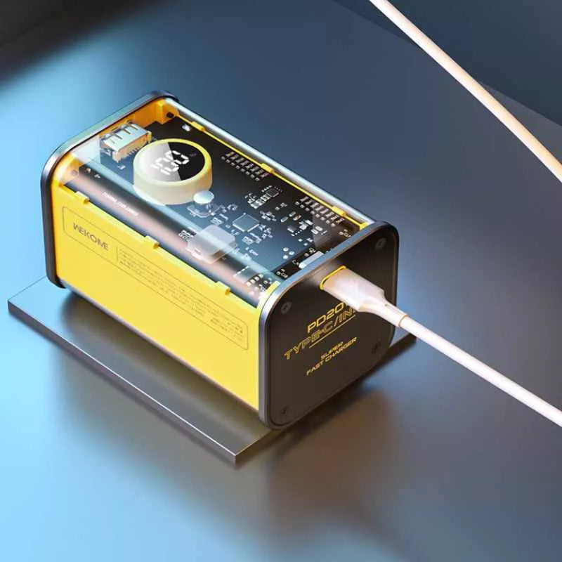 WEKOME WP-347 „Vanguard Series“ – 20000 mAh itin greito įkrovimo maitinimo blokas su įmontuotu USB-C PD 20W ir „Lightning“ + USB-A QC3.0 22,5W laidu (geltonas)