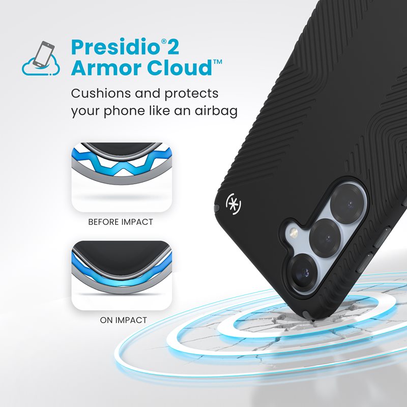 Speck Presidio2 Grip Magnet – dėklas Samsung Galaxy S25 / 24 MagSafe (juodas/skalūno pilkumo/baltas)