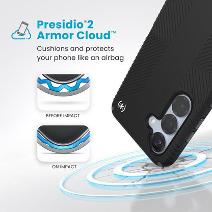 Speck Presidio2 Grip Magnet – dėklas Samsung Galaxy S25 / 24 MagSafe (juodas/skalūno pilkumo/baltas)