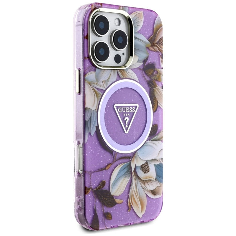 Guess Glitter Flowers Triangle Buttons MagSafe dėklas iPhone 16 Pro (violetinė)