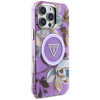 Guess Glitter Flowers Triangle Buttons MagSafe dėklas iPhone 16 Pro (violetinė)