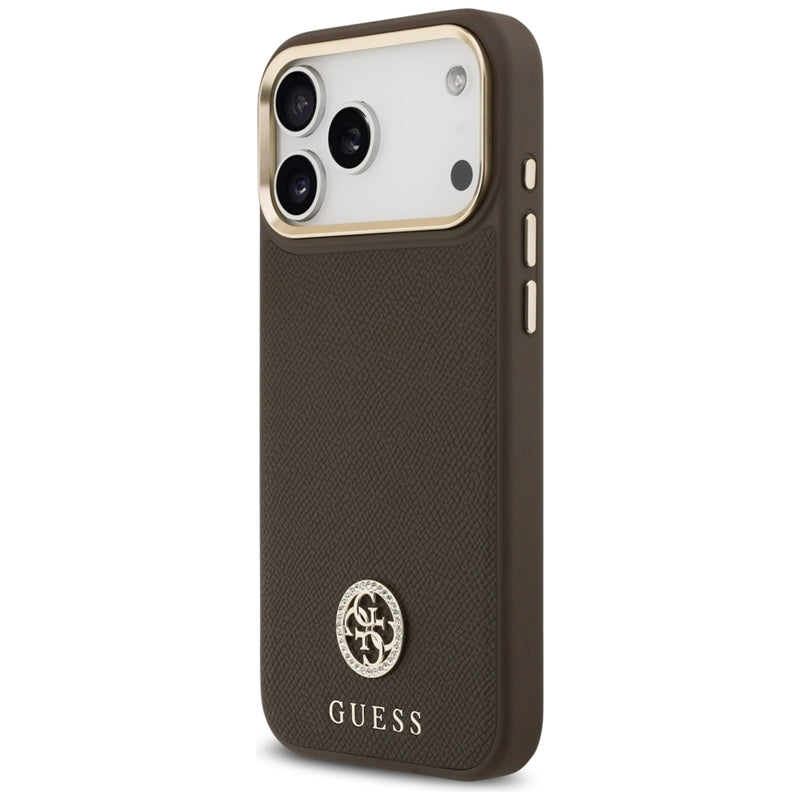 Guess Grūdėtas Cirkonio Logotipas MagSafe dėklas iPhone 17 Pro Max (rudas)