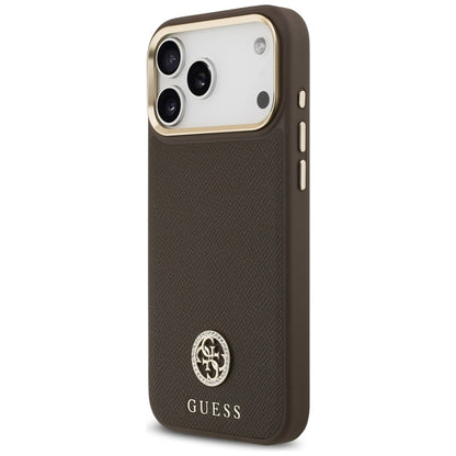 Guess Grūdėtas Cirkonio Logotipas MagSafe dėklas iPhone 17 Pro Max (rudas)