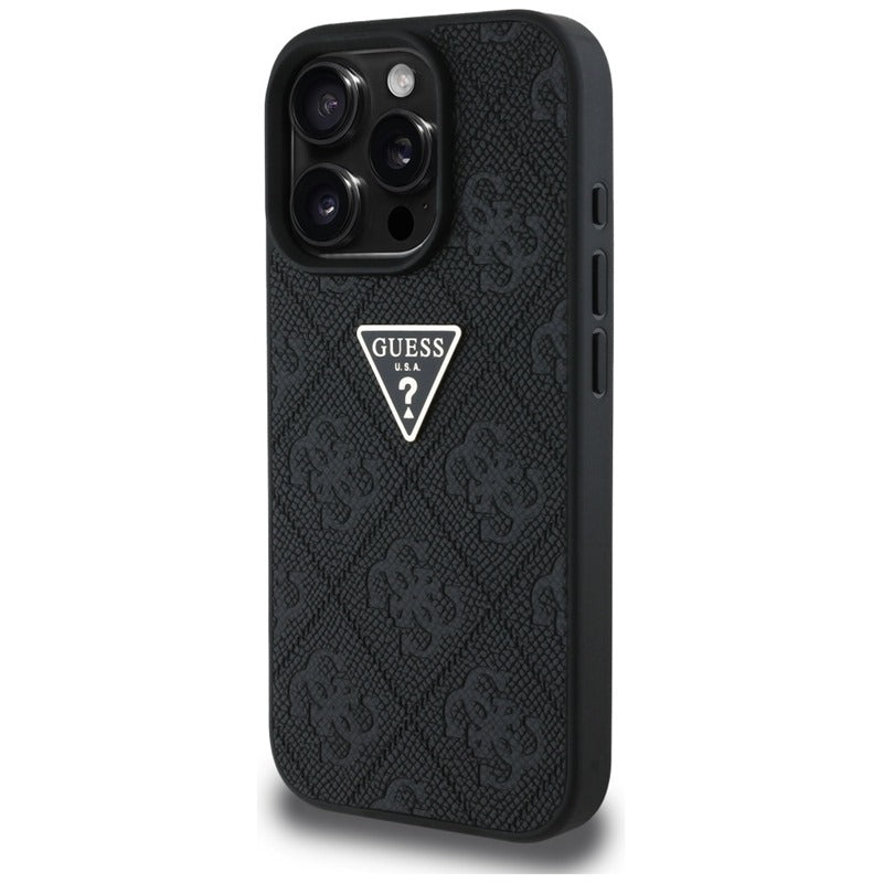 Guess Hot Stamp 4G raštas su trikampio metaliniu logotipu – dėklas iPhone 16 Pro Max (juodas)