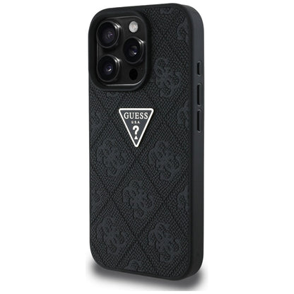 Guess Hot Stamp 4G raštas su trikampio metaliniu logotipu – dėklas iPhone 16 Pro Max (juodas)