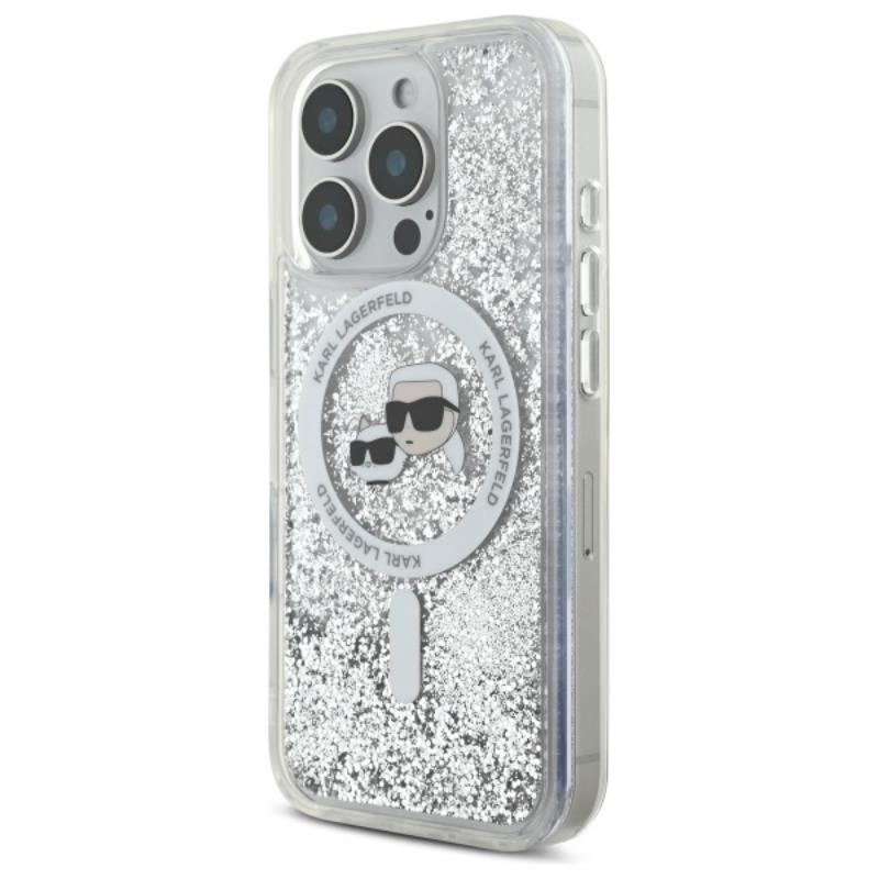 Karl Lagerfeld Liquid Glitter dėklas su Karl & Choupette galvutės motyvu ir MagSafe, iPhone 16 Pro Max (skaidrus)