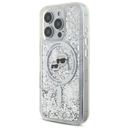 Karl Lagerfeld Liquid Glitter dėklas su Karl & Choupette galvutės motyvu ir MagSafe, iPhone 16 Pro Max (skaidrus)