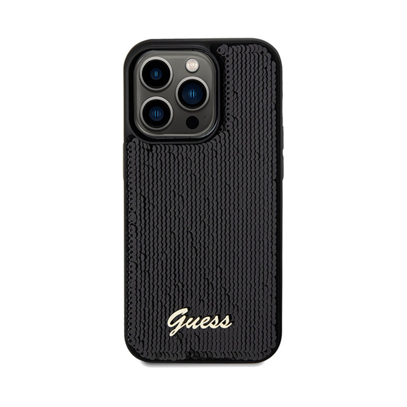 Guess Sequin Script Metal - „iPhone 14 Pro Max“ dėklas (juodas)