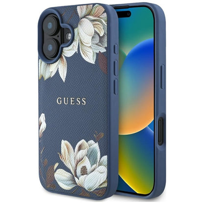 Guess MagSafe dėklas, skirtas iPhone 16 su grūdėta gėlių spauda (mėlynas)