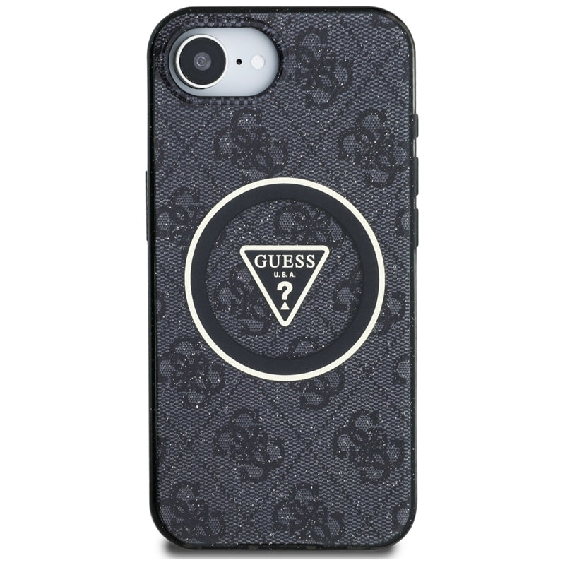 Guess IML Metal Glitter 4G Circle Triangle MagSafe – dėklas, skirtas iPhone 16e (juodas)