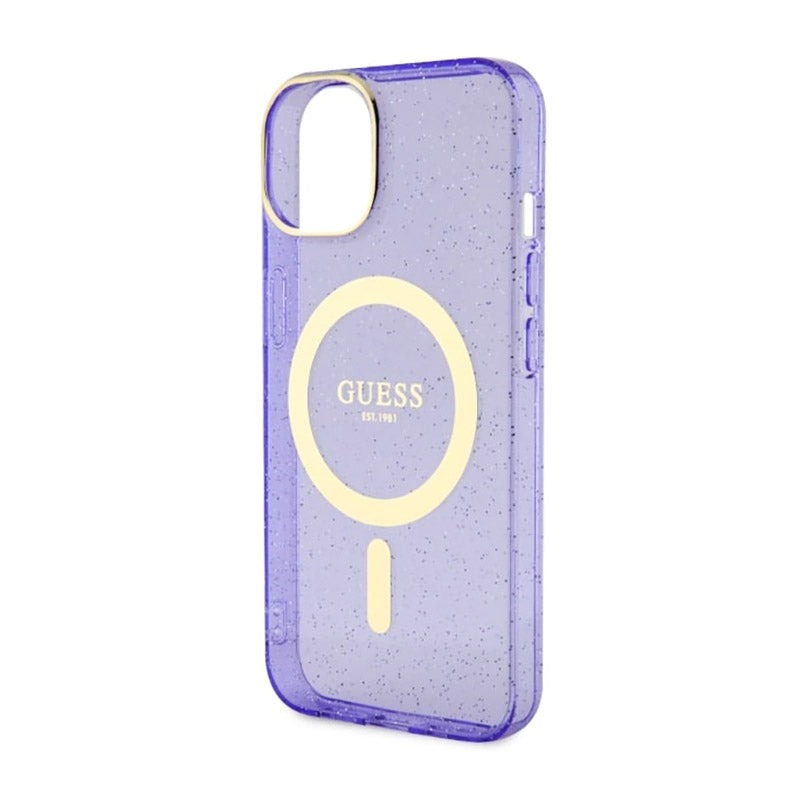 Guess Glitter Gold MagSafe – dėklas iPhone 14 (violetinė) skaidrus