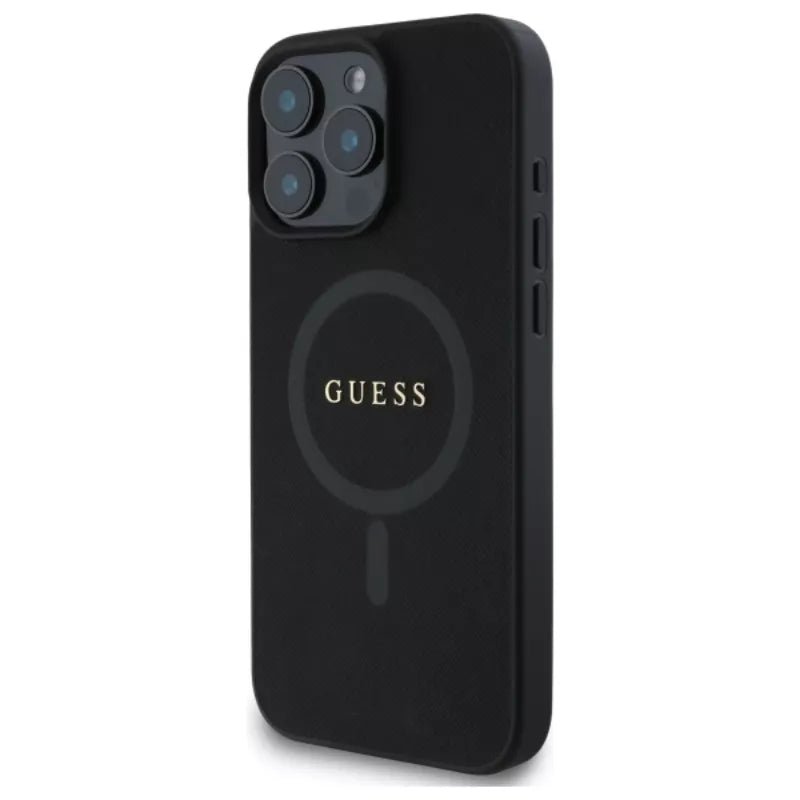 Guess Saffiano Classic Logo MagSafe - Dėklas skirtas iPhone 16 Pro Max (juodas)