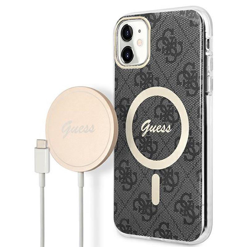 Guess rinkinys „Bundle Pack MagSafe 4G“ – dėklo, skirto „iPhone 11“, ir „MagSafe“ įkroviklio rinkinys (juodas / auksinis)