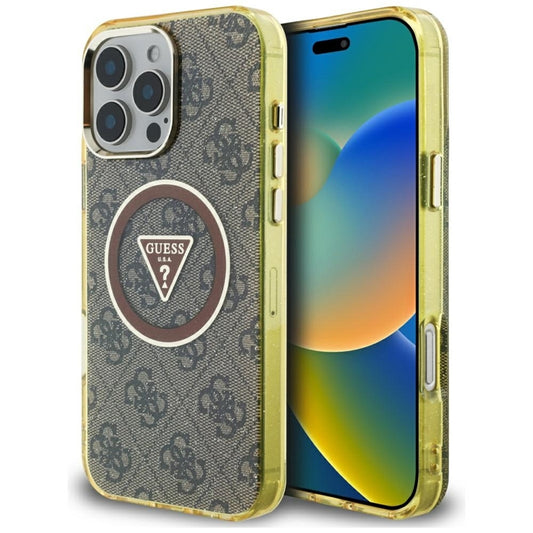 Guess IML Metal Glitter 4G Circle Triangle MagSafe – dėklas, skirtas iPhone 16 Pro Max (rudas)