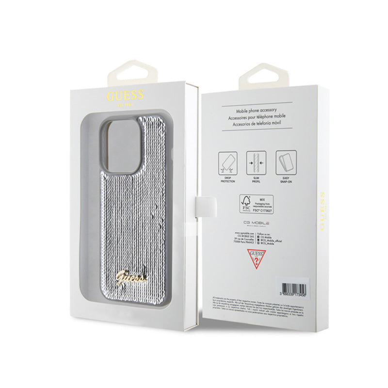 Guess Sequin Script Metal – dėklas iPhone 15 Pro (sidabras)