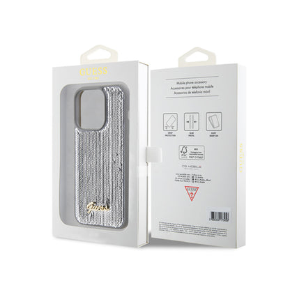 Guess Sequin Script Metal – dėklas iPhone 15 Pro (sidabras)