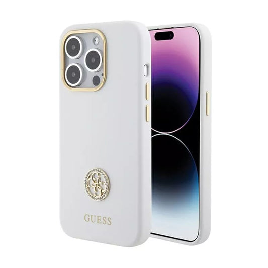Guess Silikoninis Logotipo Strass 4G - iPhone 15 Pro Max dėklas (baltas)