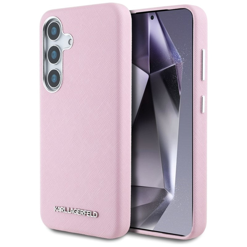 Karl Lagerfeld Saffiano „Full Wrapped Elongated Metal Logo MagSafe“ – „Samsung Galaxy S25“ dėklas (rožinė)