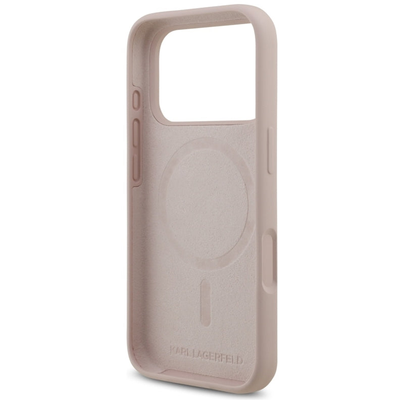 Karl Lagerfeld Silikoninis dėklas su Karl & Choupette žiedu MagSafe iPhone 17 Pro (rožinis)