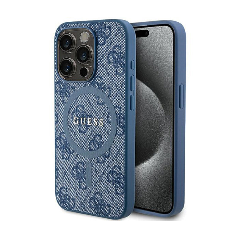 Guess 4G Collection Leather Metal Logo MagSafe – dėklas, skirtas iPhone 14 Pro (mėlynas)