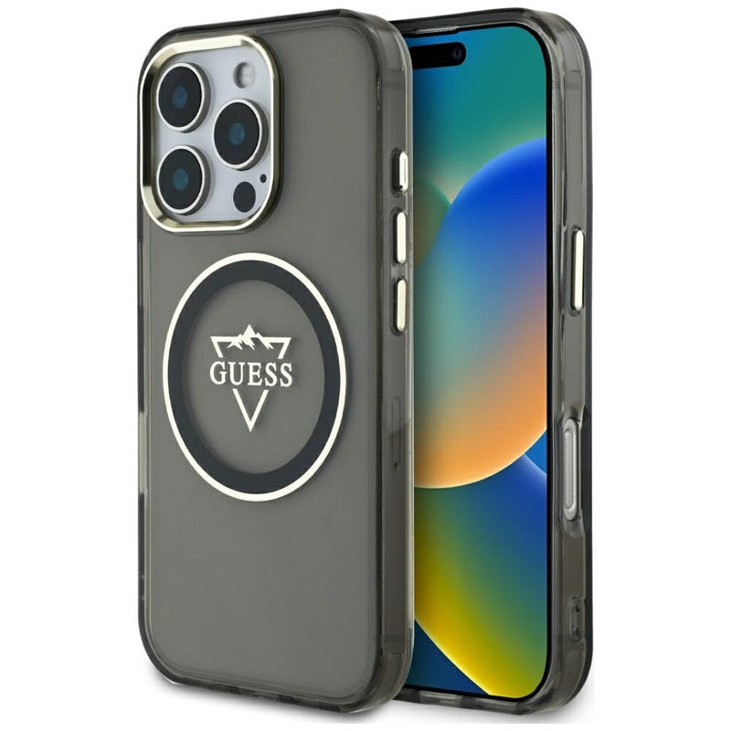 Guess IML metalinis kalnų logotipo dėklas su MagSafe, skirtas „iPhone 16 Pro Max“ (juodas)