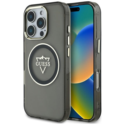 Guess IML metalinis kalnų logotipo dėklas su MagSafe, skirtas „iPhone 16 Pro Max“ (juodas)