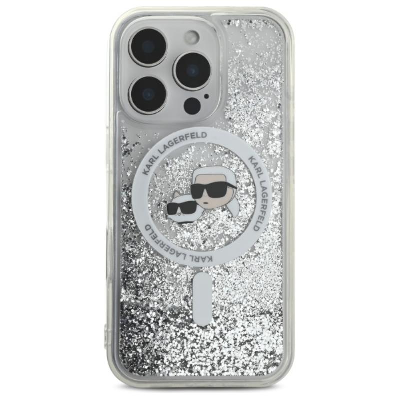 Karl Lagerfeld Liquid Glitter dėklas su Karl & Choupette galvutės motyvu ir MagSafe, iPhone 16 Pro Max (skaidrus)
