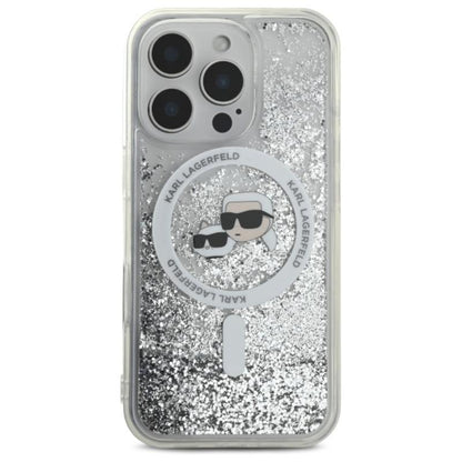 Karl Lagerfeld Liquid Glitter dėklas su Karl & Choupette galvutės motyvu ir MagSafe, iPhone 16 Pro Max (skaidrus)