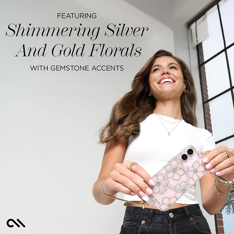 Case-Mate Floral Gems MagSafe – dėklas iPhone 16 Plus (auksinis)