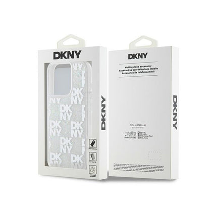 DKNY Dėklas su skystais blizgučiais ir daug logotipų, skirtas iPhone 15 Pro (baltas)