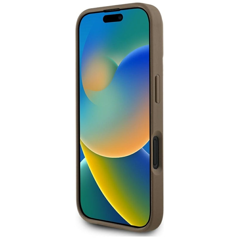 Guess Grained Hot Stamp Peony Triangle Logo MagSafe – dėklas iPhone 16 (rudas)