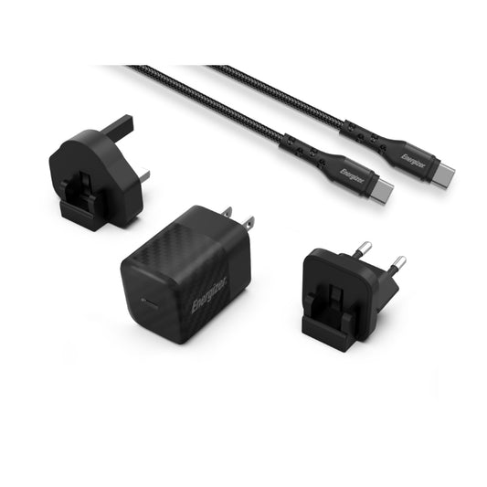 Energizer Ultimate - Multi-lizdas ES / UK / US GaN 20W PD sieninis įkroviklis + USB-C laidas (juodas)