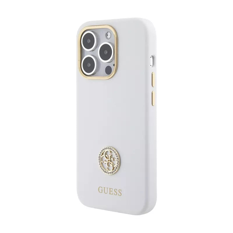 Guess Silikoninis Logotipo Strass 4G - iPhone 15 Pro Max dėklas (baltas)