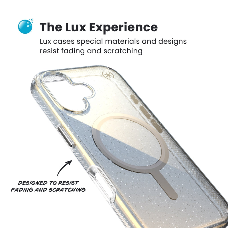 Speck Presidio Lux MagSafe - iPhone 17 dėklas (Hyper Mirror Glitter / Silver Metallic)
