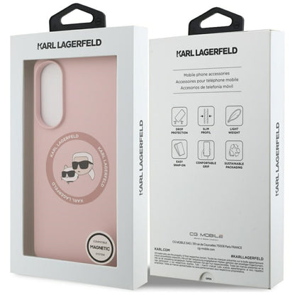Karl Lagerfeld Silikoninis MagSafe Dėklas su dvigubomis galvutėmis ir apskritimu – Samsung Galaxy S25 Edge (rožinis)