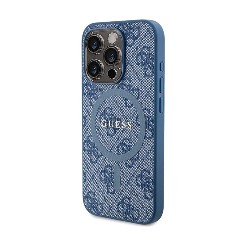 Guess 4G Collection Leather Metal Logo MagSafe – dėklas, skirtas iPhone 14 Pro (mėlynas)