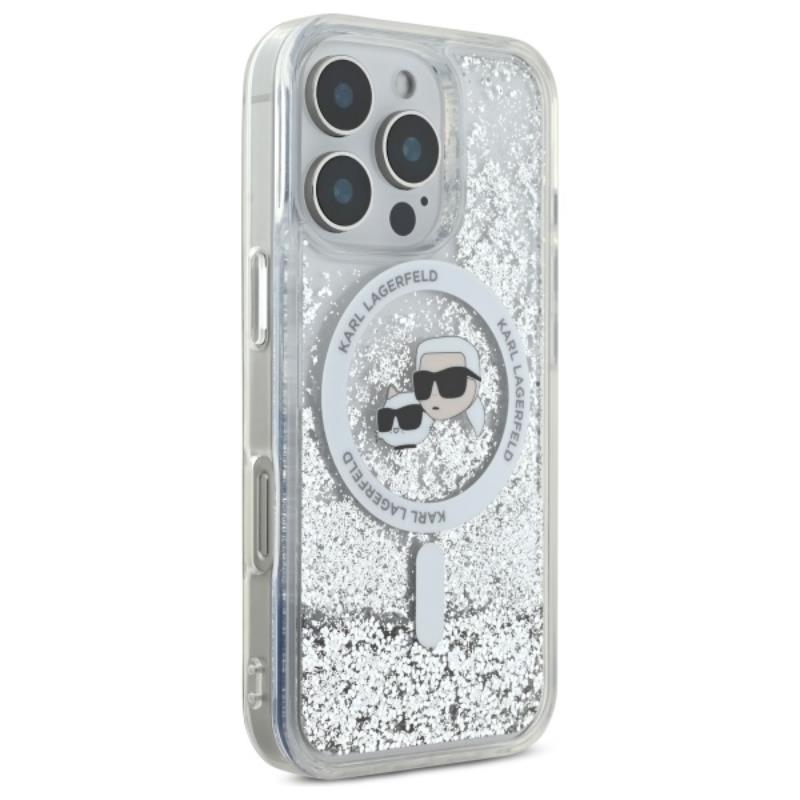 Karl Lagerfeld Liquid Glitter dėklas su Karl & Choupette galvutės motyvu ir MagSafe, iPhone 16 Pro Max (skaidrus)