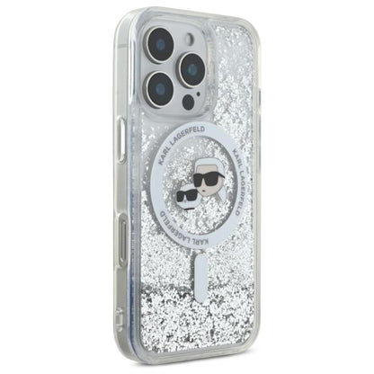 Karl Lagerfeld Liquid Glitter dėklas su Karl & Choupette galvutės motyvu ir MagSafe, iPhone 16 Pro Max (skaidrus)