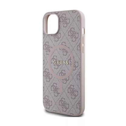 Guess 4G Collection Leather Metal Logo MagSafe – dėklas skirtas iPhone 15 Plus / 14 Plus (rožinis)
