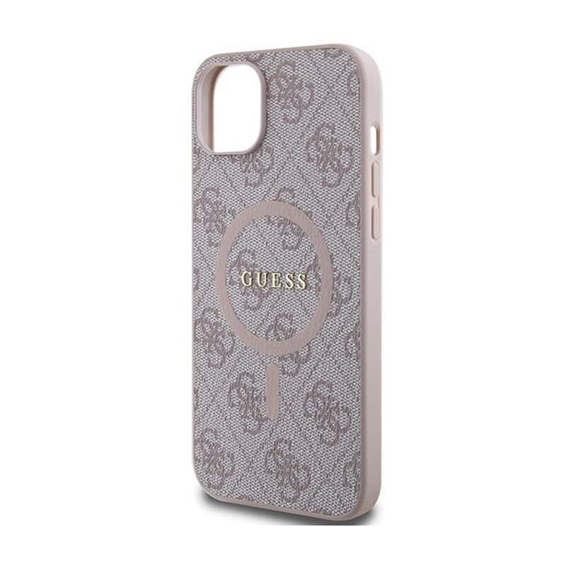 Guess 4G Collection Leather Metal Logo MagSafe – dėklas skirtas iPhone 15 Plus / 14 Plus (rožinis)