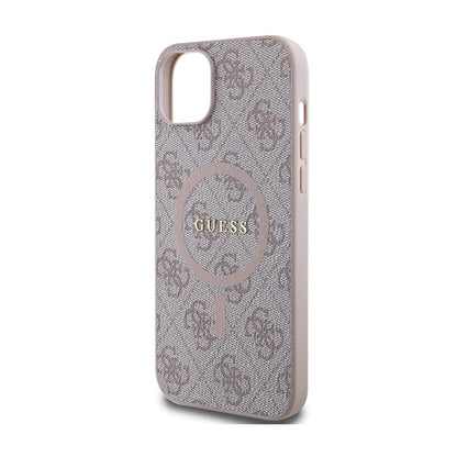 Guess 4G Collection Leather Metal Logo MagSafe – dėklas skirtas iPhone 15 Plus / 14 Plus (rožinis)