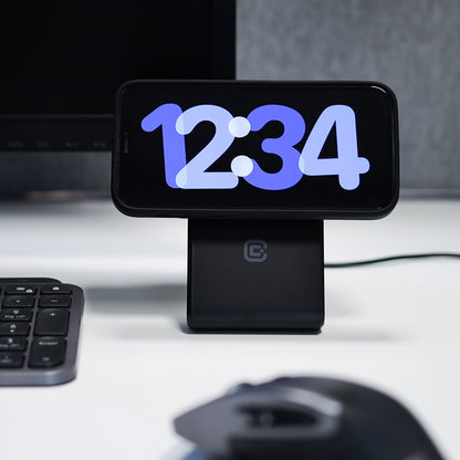 Crong MagSpot stovas – 2-in-1 belaidis įkroviklis su MagSafe, skirtas iPhone ir AirPods (šešėlinė juoda)