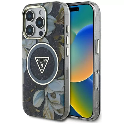 Guess Glitter Flowers Triangle Buttons MagSafe - Dėklas, skirtas iPhone 16 Pro Max (juodas)