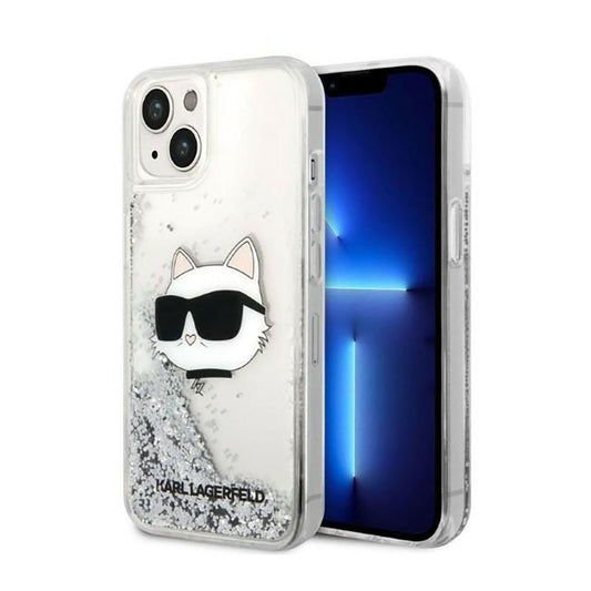 Dėklas Karl Lagerfeld su NFT Choupette galva ir skystais blizgučiais, skirtas iPhone 14 Plus (sidabrinis)
