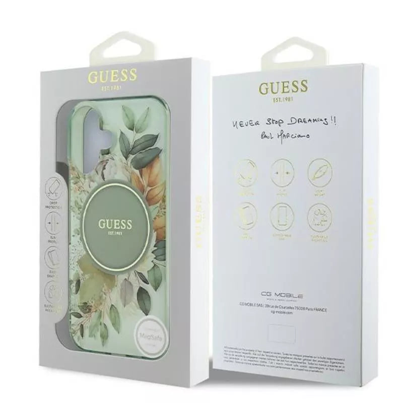 Guess IML Flower & Tonal Circle MagSafe – dėklas iPhone 16 (žalia)